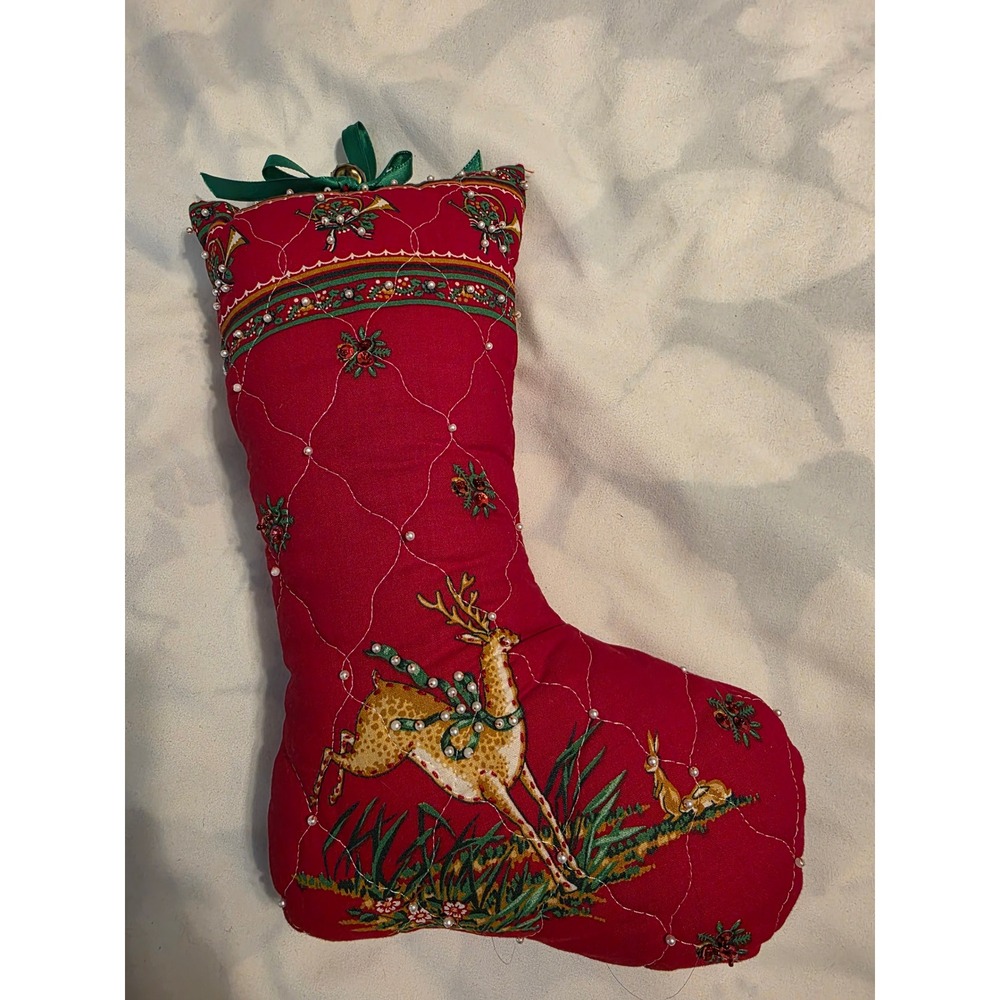 Quilted Christmas Stocking Deer Rabbit Pheasant Horn Red‎ Holiday Decor Puffy